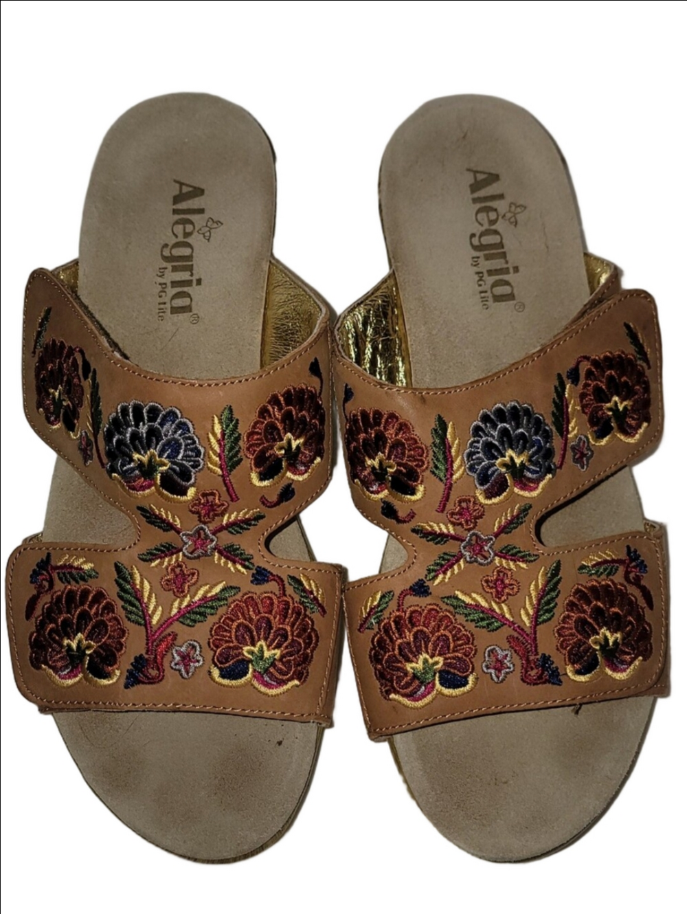 ALEGRIA "LINN"  Tan Embroidered Floral Slide Clogs Adjustable Width Size 8